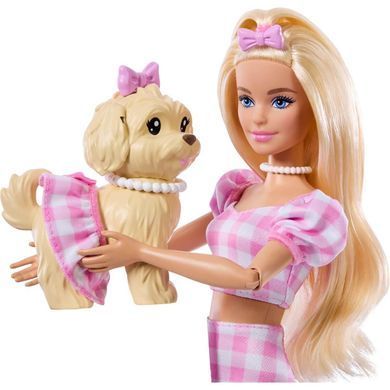 Лялька Barbie з улюбленцем "Парні образи" рожева клітинка Mattel (JFP36) &ndash; фото товару Barbie з категорії Ігрові набори Барбі. Оригінал, доставка по Україні