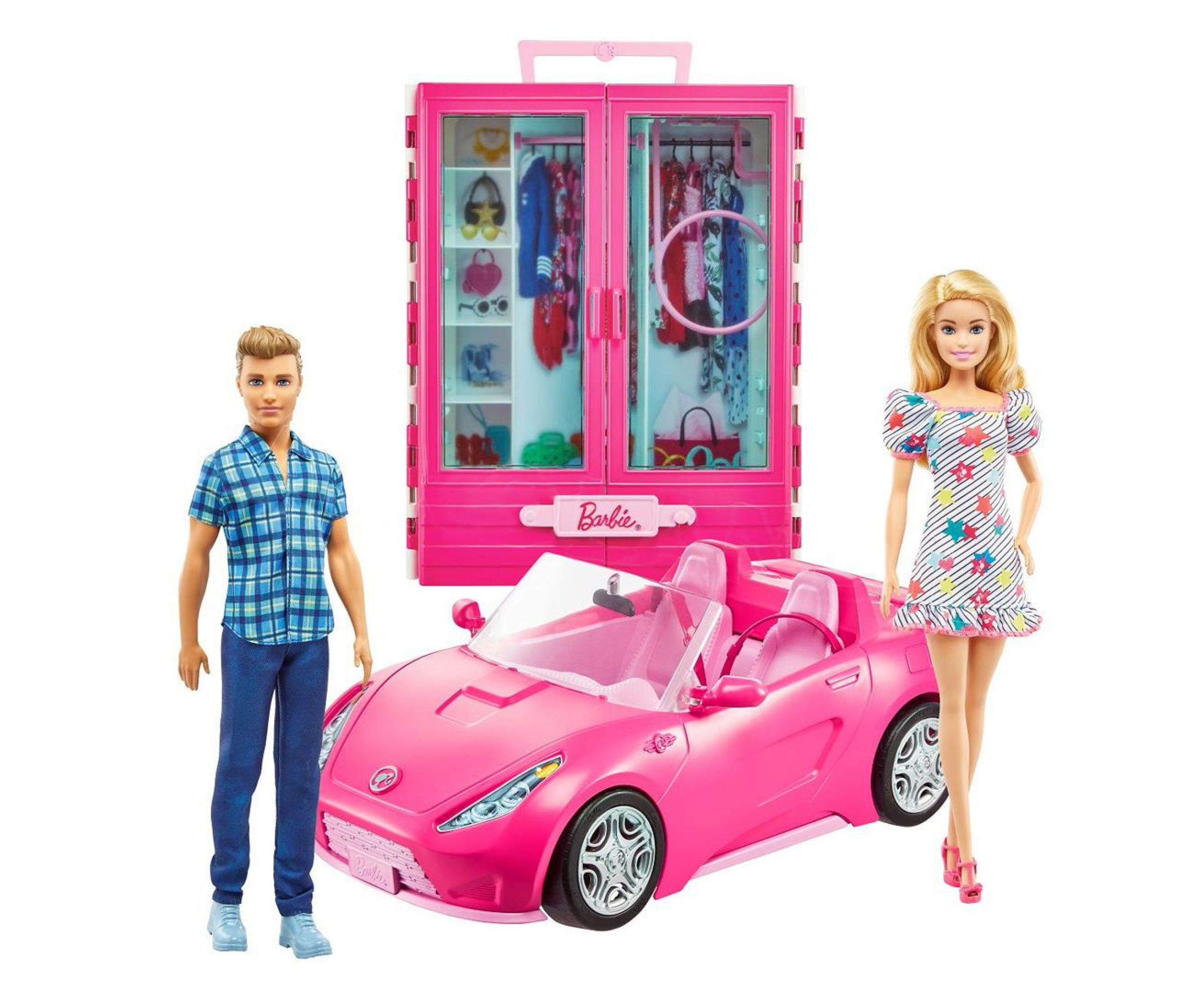 Машина для кукол купить. Набор Barbie и Кен с гардеробом и розовым кабриолетом,. Игровой набор Барби Кен кабриолет гардероб. Набор Barbie гламурный кабриолет, djr55. Кен и Барби на машинке розовой.